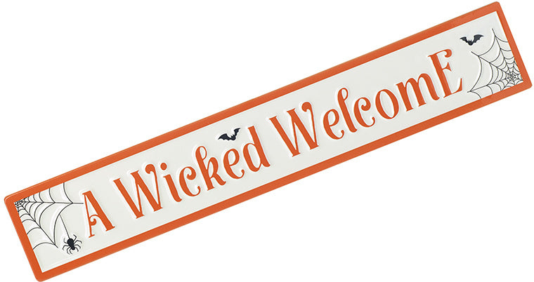 A Wicked Welcome Halloween sign with orange lettering, spider webs, and bat details on white background