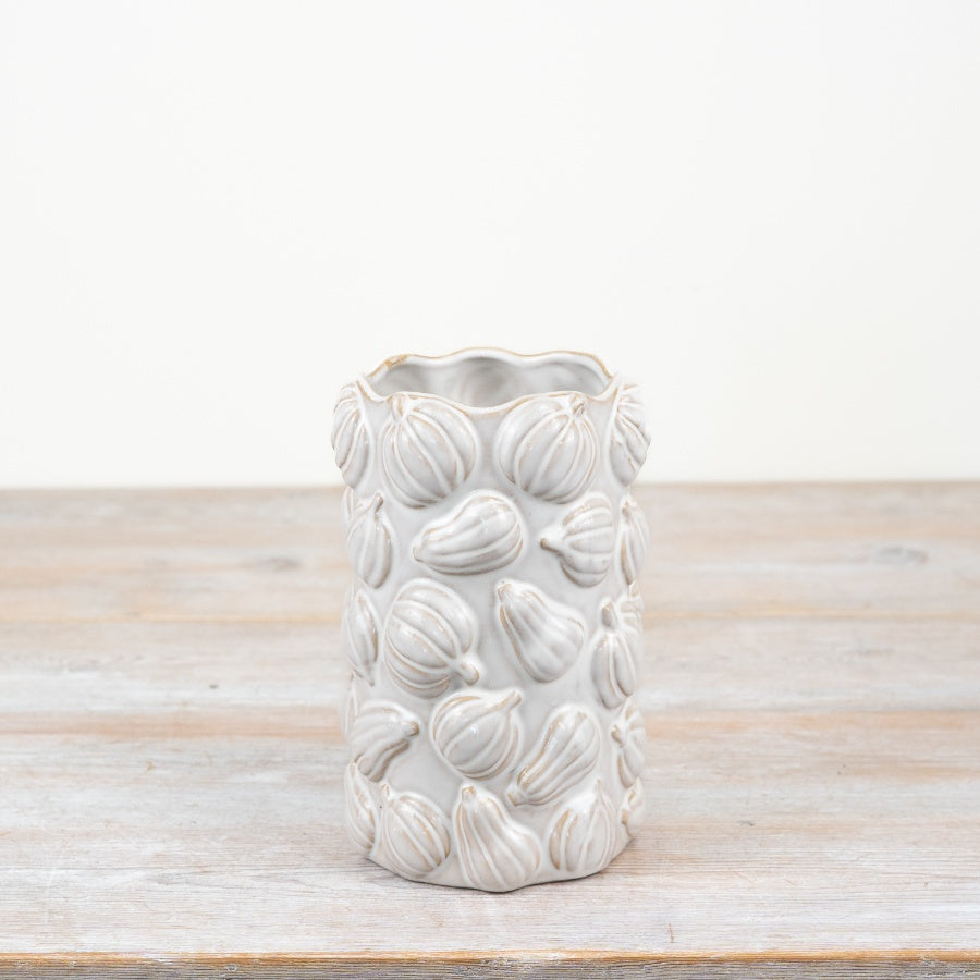 White Pumpkin Embossed Ceramic Vase, 18cm