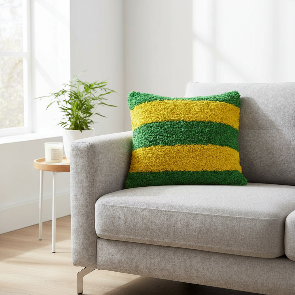 Green and yellow striped tufted cushion styled in a bright living room