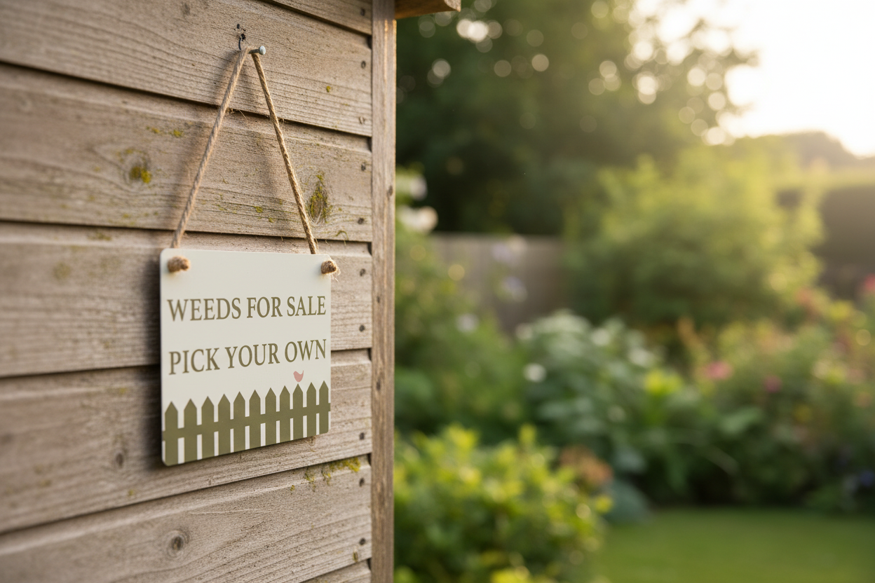Cream metal garden hanging sign with picket fence border displayed on a rustic shed wall with green foliage