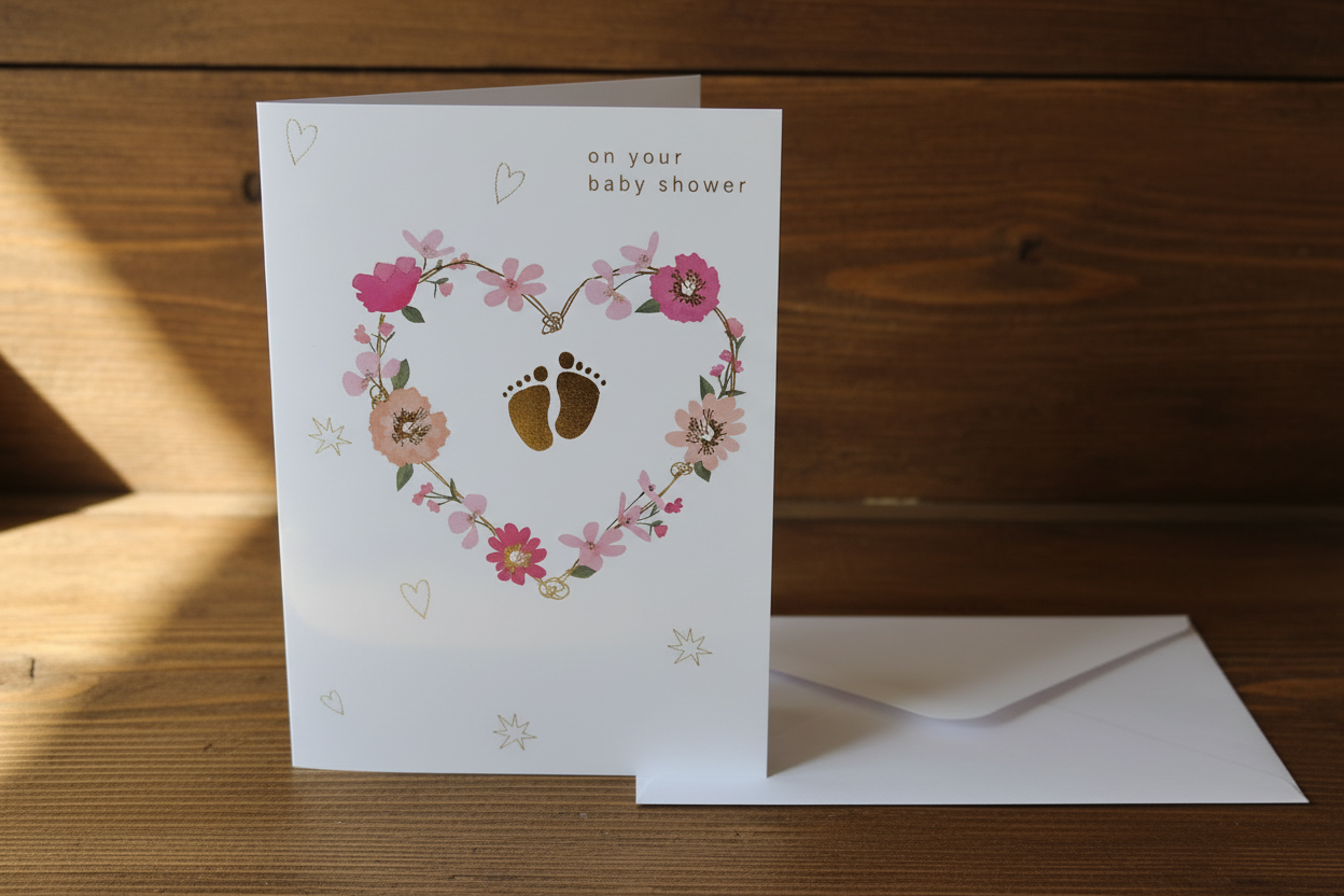 Baby shower floral heart card standing upright spine-left slightly open in a cosy lifestyle setting