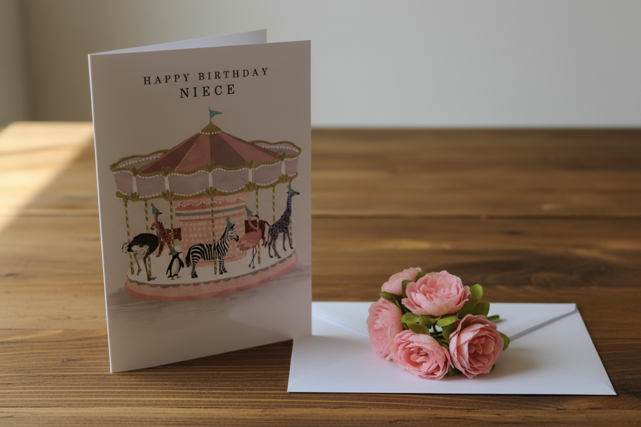 Happy Birthday Niece carousel card standing open spine-left in a cosy lifestyle setting