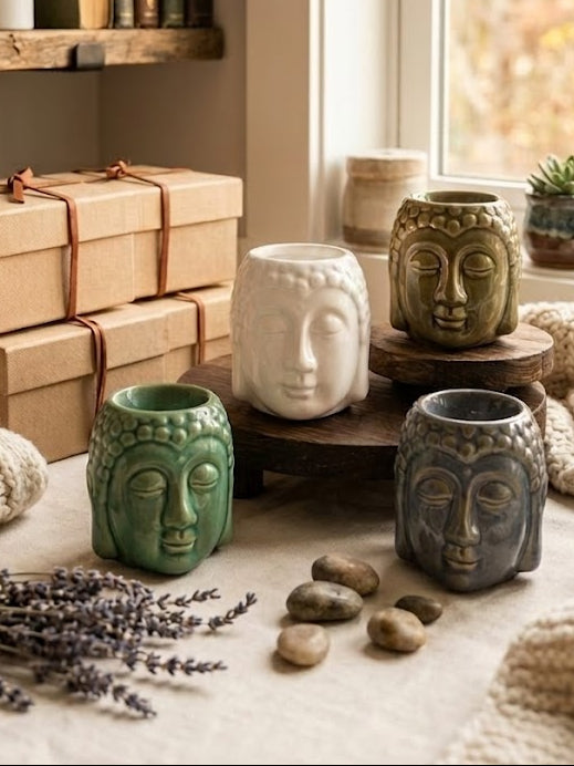 Assorted Ceramic Buddha Head Oil Burners, 8cm