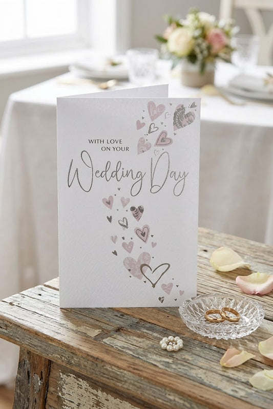 With Love on Your Wedding Day greeting card with cascading pink and silver foil hearts, displayed on a rustic wooden table with wedding rings and rose petals
