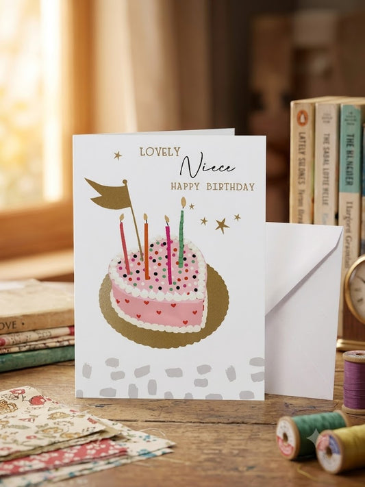 Lovely Niece Happy Birthday card — pink heart cake illustration with candles and gold stars, warm natural light lifestyle photo