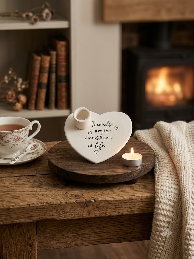 Ceramic Heart "Friends Are The Sunshine Of Life" Tealight Candle Holder