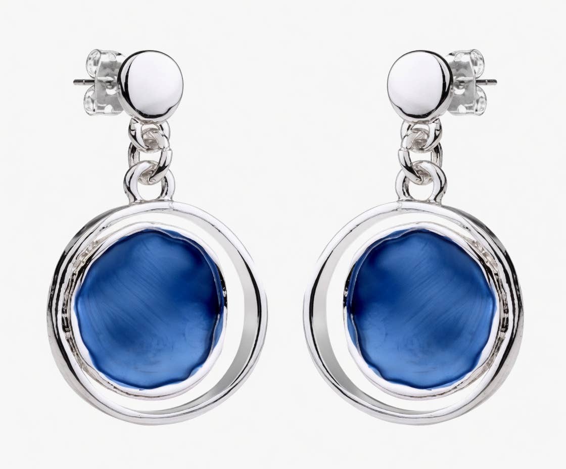 Celestial Enamel Circle Earrings - Silver & Blue