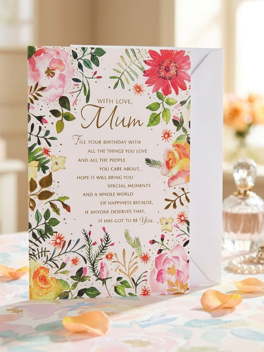 With Love Mum Birthday Card with watercolour floral design