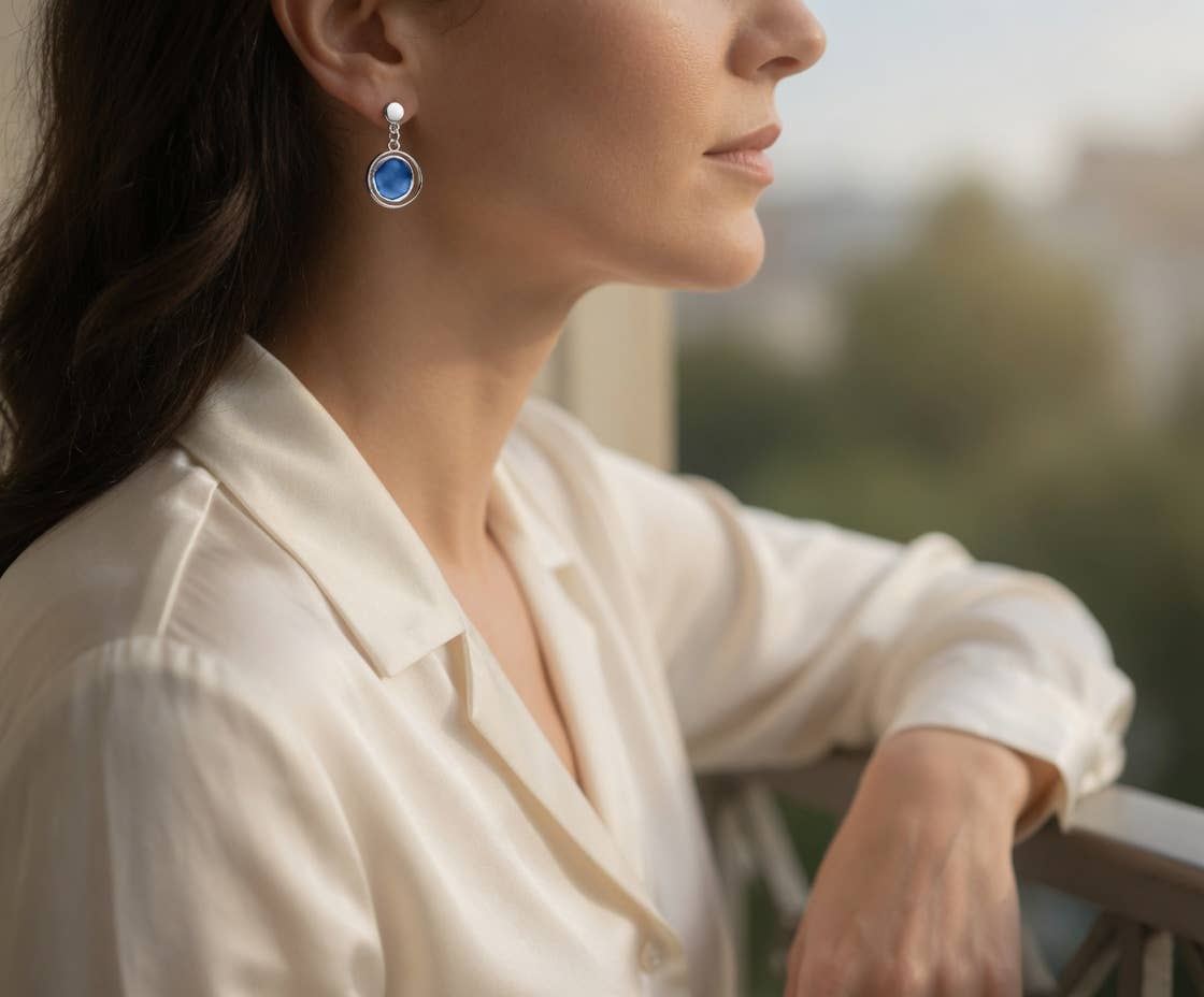 Celestial Enamel Circle Earrings - Silver & Blue