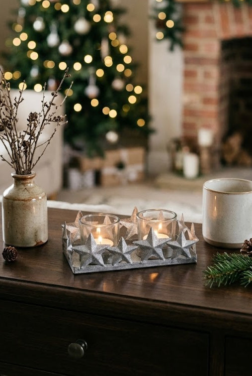 Silver Star Double Tealight Holder