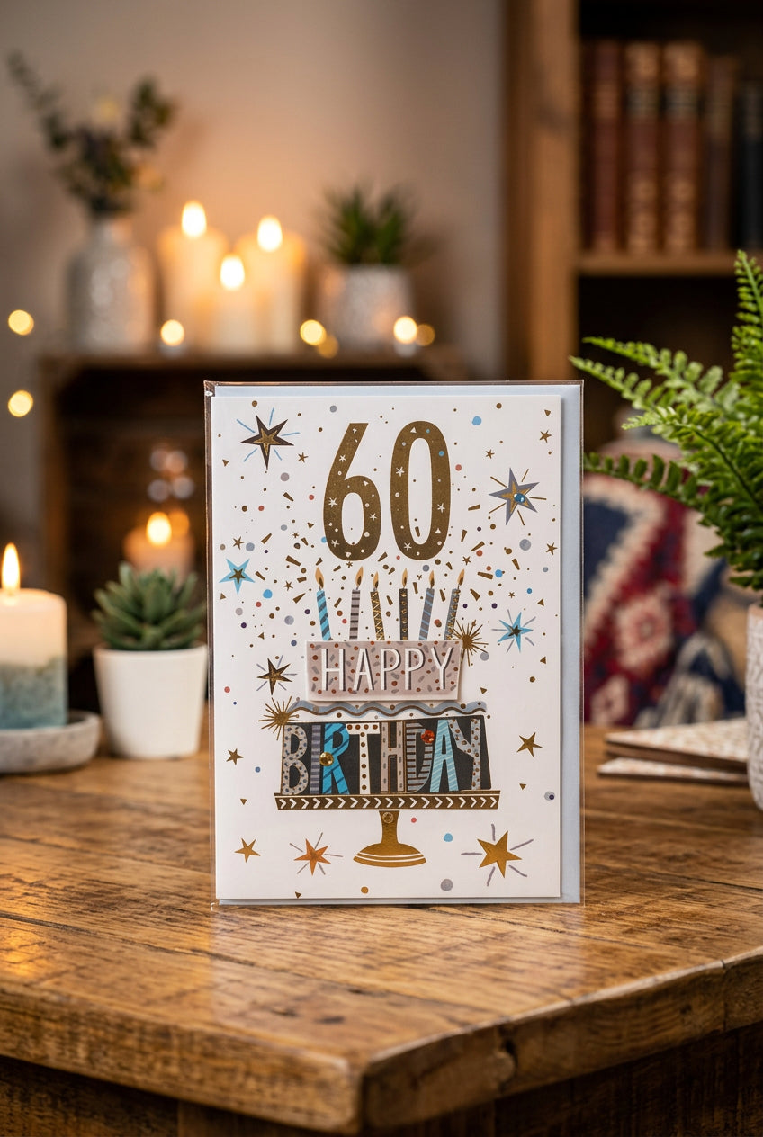 60 Happy Birthday Cake Greeting Card