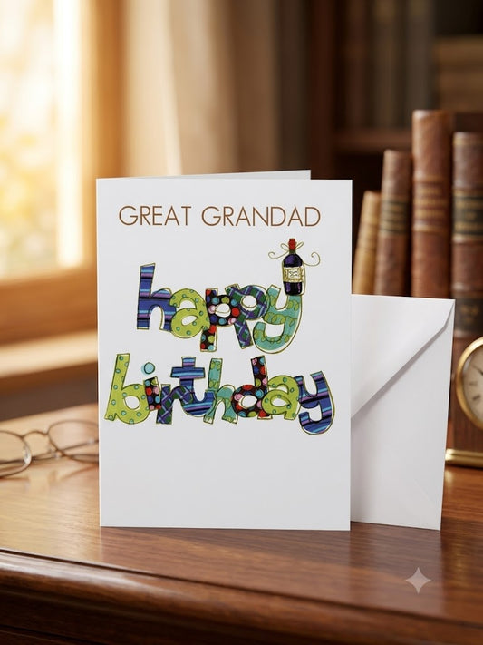 Great Grandad Happy Birthday card — colourful patchwork lettering with wine bottle, warm lifestyle photo with books and glasses