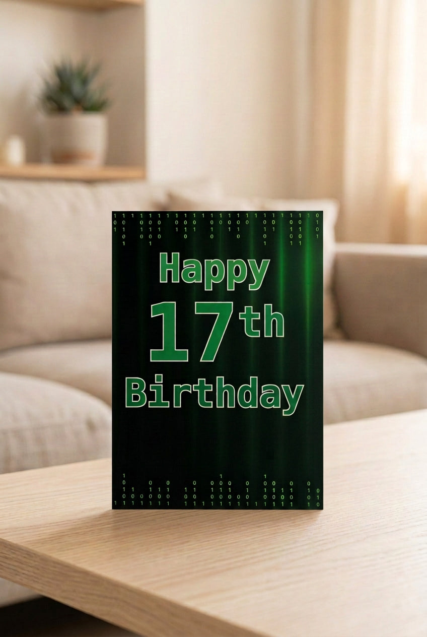 Happy 17th Birthday Card – Green Binary Code