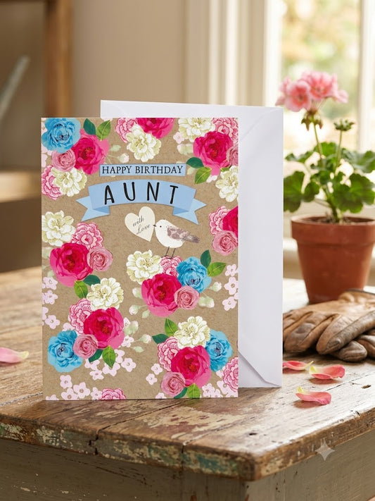 Happy Birthday Aunt Card with floral roses design on kraft background