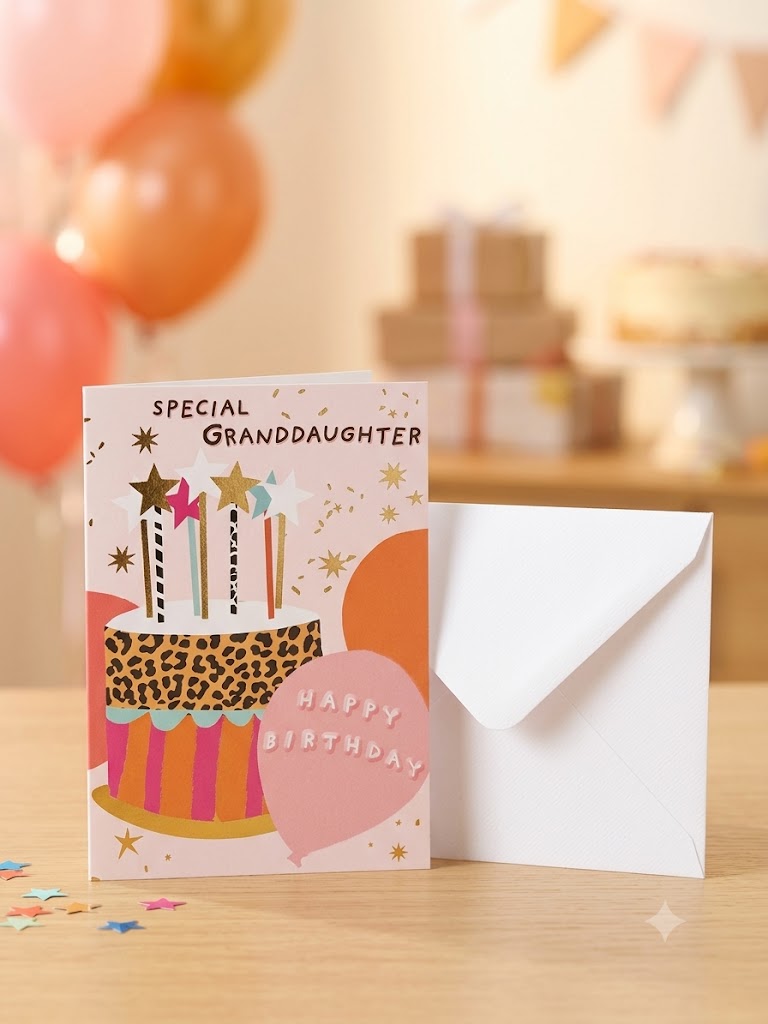 Special Granddaughter Happy Birthday card — bold pink leopard print cake with star candles, warm party lifestyle photo with balloons