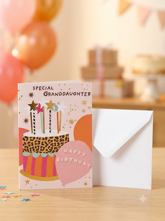 Special Granddaughter Happy Birthday card — bold pink leopard print cake with star candles, warm party lifestyle photo with balloons