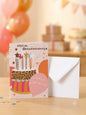 Special Granddaughter Happy Birthday card — bold pink leopard print cake with star candles, warm party lifestyle photo with balloons