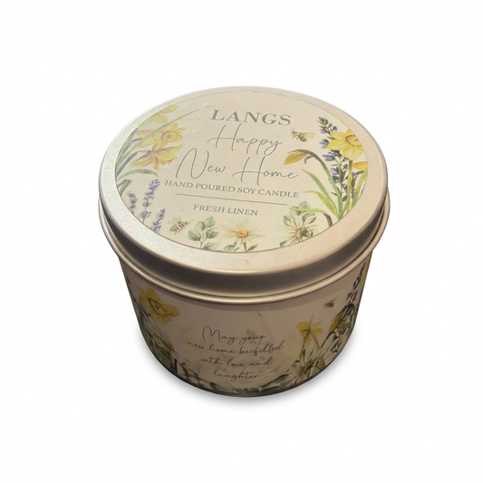Happy New Home Fresh Linen Soy Candle Tin