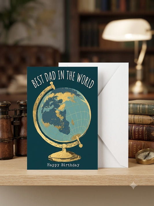 Best Dad in the World birthday card — dark teal vintage globe design, study lifestyle photo with binoculars, travel books and compass