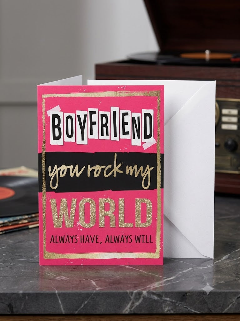 Boyfriend You Rock My World birthday card — hot pink with gold glitter, vinyl records and retro radio lifestyle