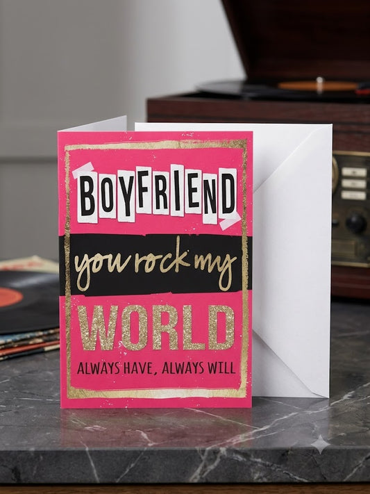 Boyfriend You Rock My World birthday card — hot pink with gold glitter, vinyl records and retro radio lifestyle