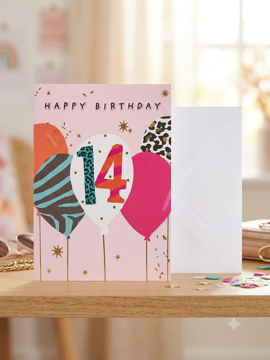 Happy 14th Birthday Card with animal print balloon design