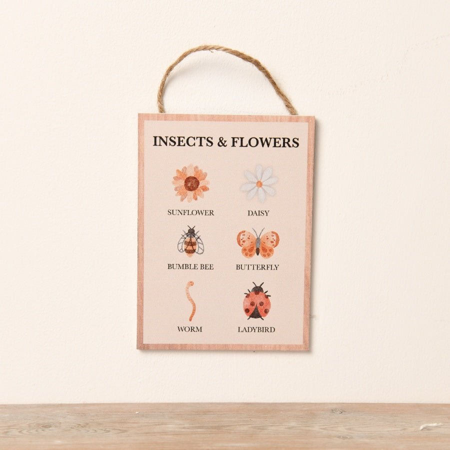 Insects and Flowers educational hanging sign featuring watercolour illustrations