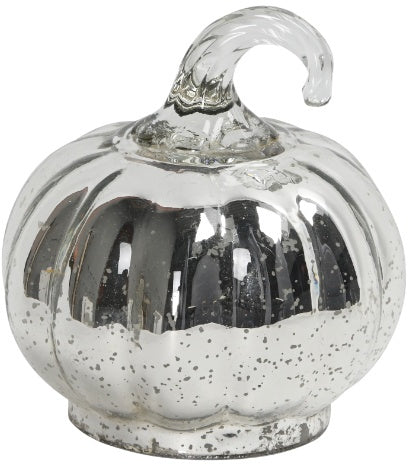 Mercury glass pumpkin ornament with shimmering silver finish and delicate curled glass stem
