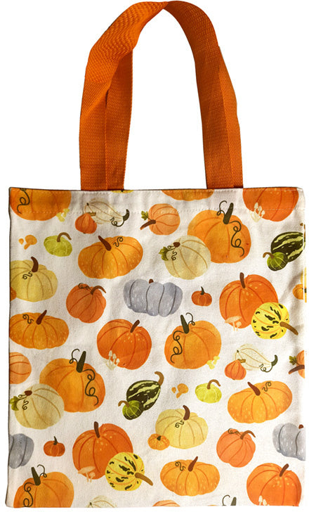 Reusable tote bag with all-over watercolour pumpkin harvest print and orange handles