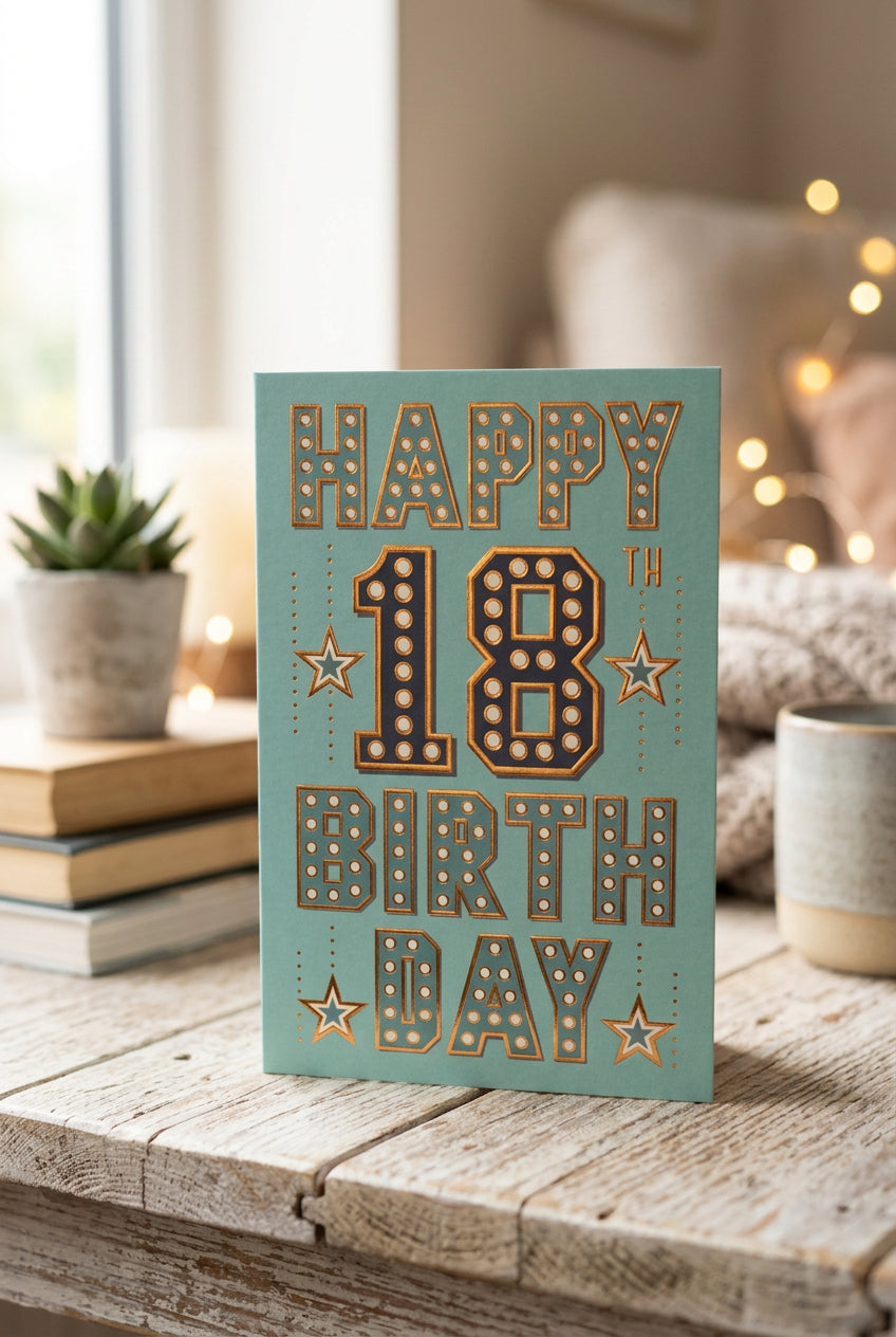 Happy 18th Birthday Card – Marquee Letters & Stars