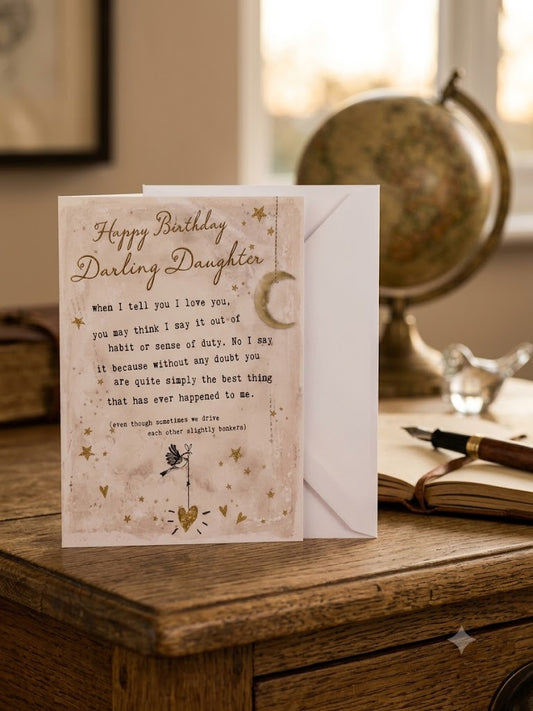 Happy Birthday Darling Daughter card — cream verse card with gold stars and moon charm, warm study lifestyle photo with globe and fountain pen