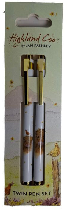 Highland Coo twin pen set by Jan Pashley in illustrated gift packaging