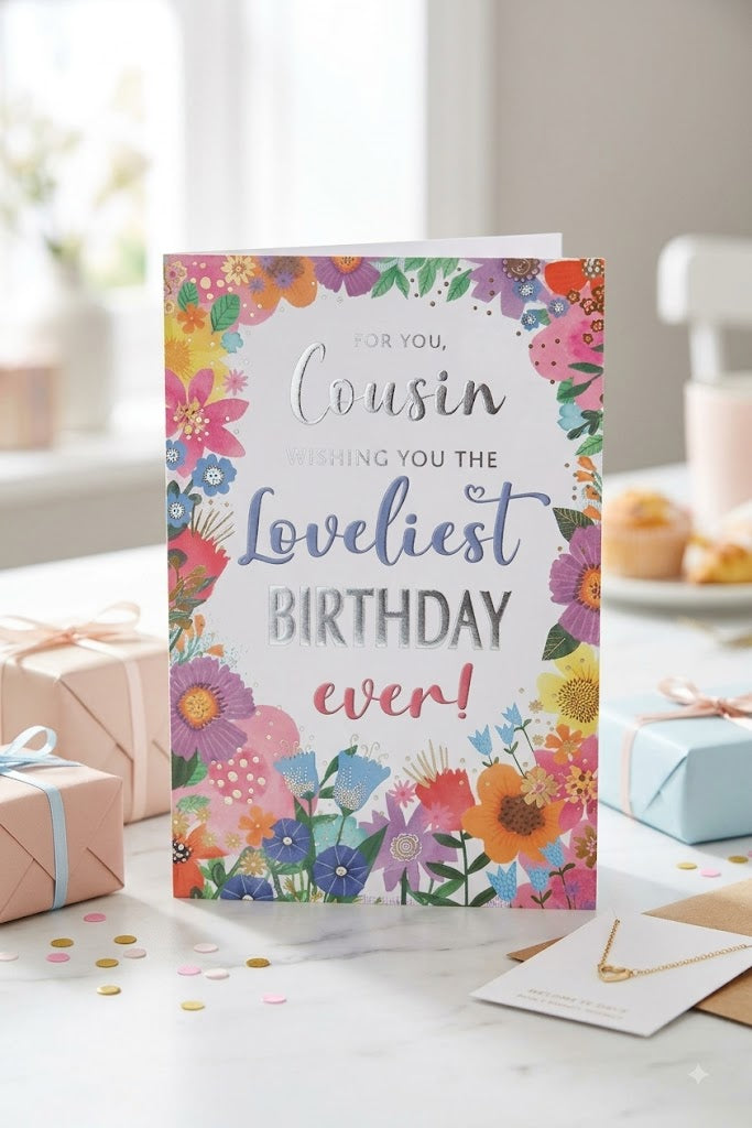 Cousin birthday card with bright colourful floral border and silver foil lettering reading For You Cousin Wishing You the Loveliest Birthday Ever, styled on a table with gift boxes and confetti