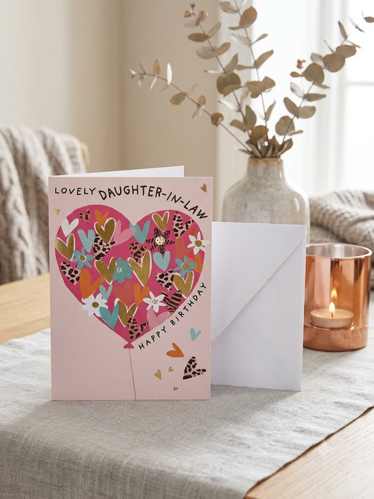 Lovely Daughter-in-Law Happy Birthday Card with pink heart balloon design