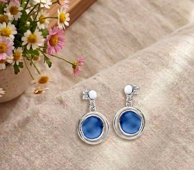 Celestial Enamel Circle Earrings - Silver & Blue