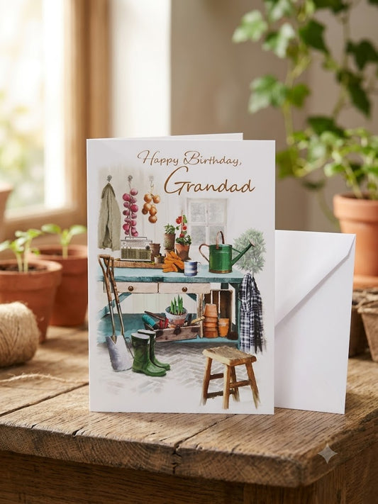 Happy Birthday Grandad gardening card lifestyle — watercolour potting shed scene with white envelope