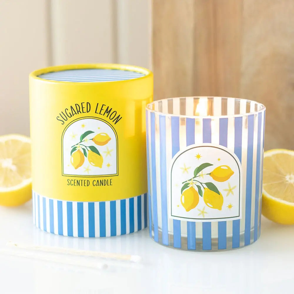 Sugared Lemon Scented Candle in Striped Blue Glass Jar