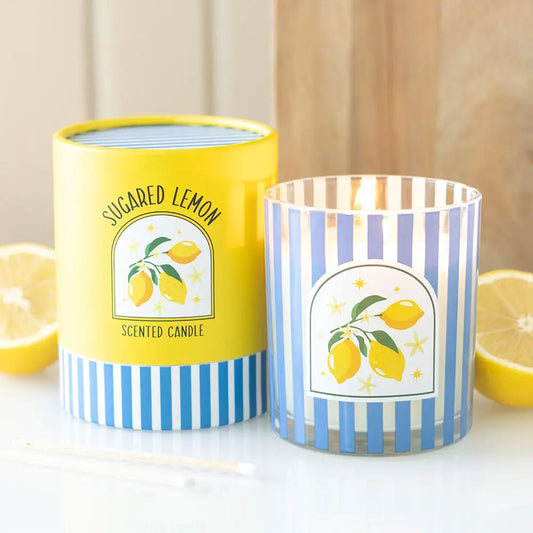 Sugared Lemon Scented Candle in Striped Blue Glass Jar