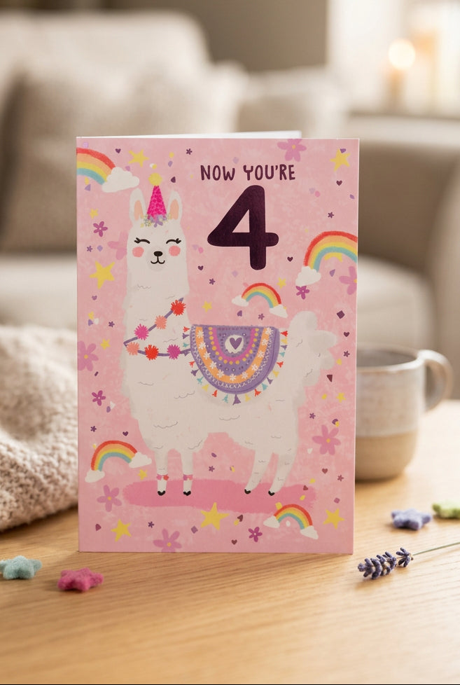 Now You’re 4! Llama & Rainbows Fourth Birthday Card