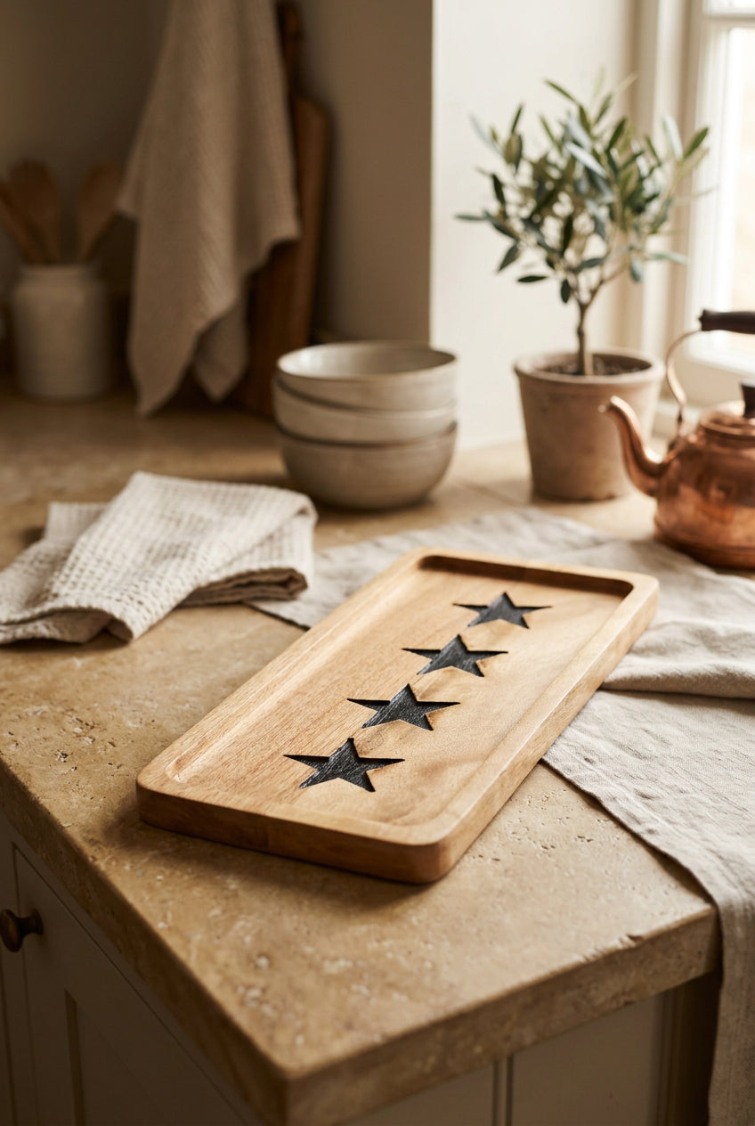 A rectangular light wood serving board with a recessed edge and four dark engraved stars, displayed on a shelf next to books and another wooden board.