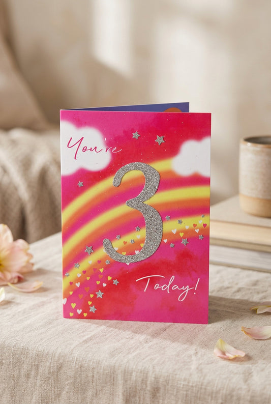You’re 3 Today! Pink Rainbow Third Birthday Card