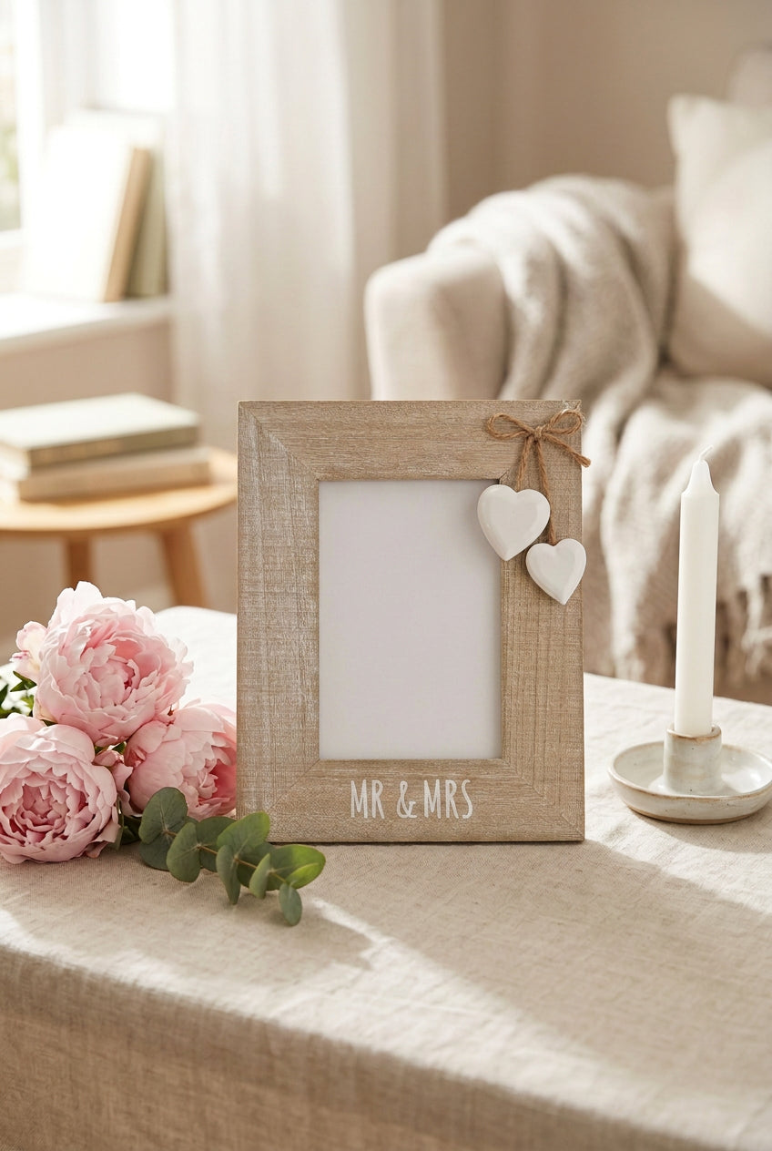 A rustic light wood photo frame with 'MR & MRS' printed on the front, decorated with two white heart-shaped tags, displayed on a wooden shelf next to other matching frames.