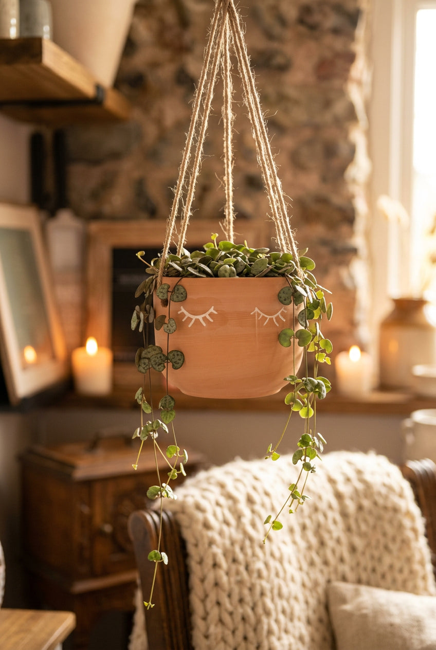 Terracotta-coloured rounded hanging planter with white sleepy eyelashes and rustic-style hanging cords.