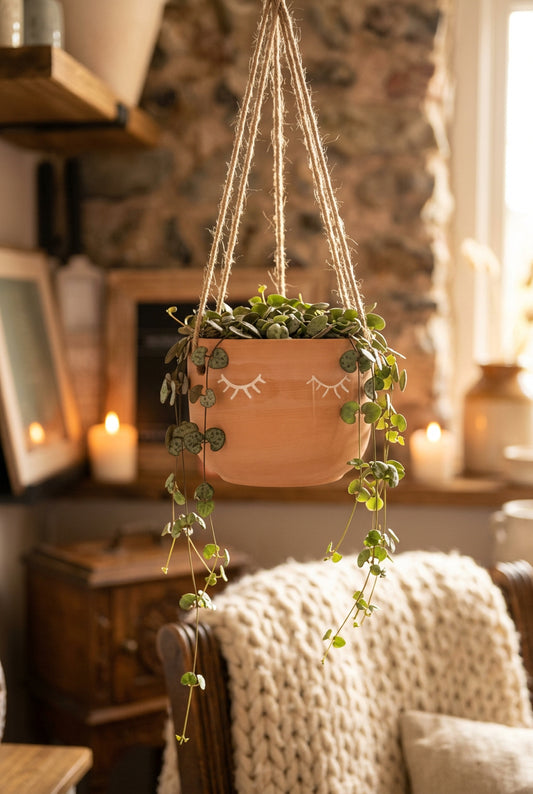 Terracotta-coloured rounded hanging planter with white sleepy eyelashes and rustic-style hanging cords.