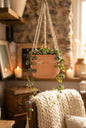 Terracotta-coloured rounded hanging planter with white sleepy eyelashes and rustic-style hanging cords.