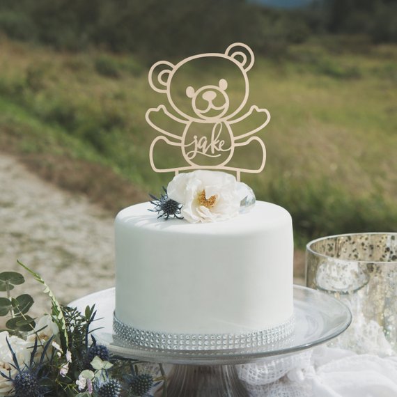 Wooden Baby Bear Name Cake Topper