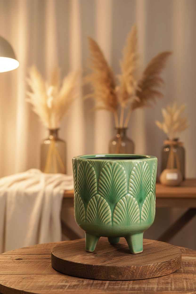 A green ceramic planter with a textured leaf pattern and three legs, sitting on a wooden table in a room with shelves and a Wonder Wipes bucket in the background.