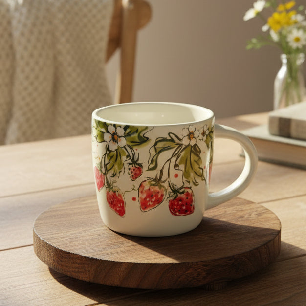 A ceramic mug with a hand-painted strawberry and white flower pattern, displayed on a round wooden riser.