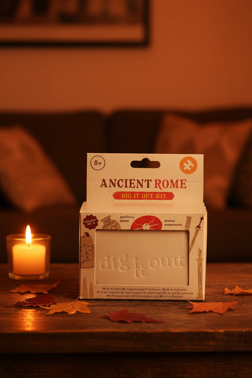 An 'Ancient Rome Dig It Out Kit' in its original cardboard packaging, displayed on a wooden tabletop. The packaging is cream-colored with red and brown text and illustrations.