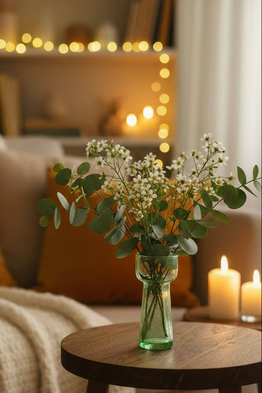 A small translucent green glass candle holder with a flared top and narrow stem, displayed on a round wooden board on a dark tabletop.